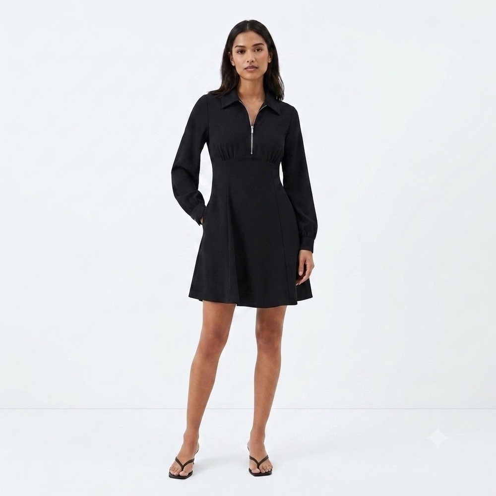 Sinsay Womens Black Long Sleeve Quarter Zip Babydoll Fit & Flare Mini Dress L‎